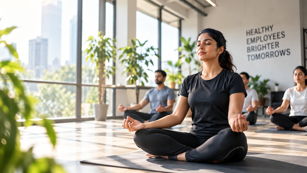 Employees participating in corporate yoga and mindfulness session